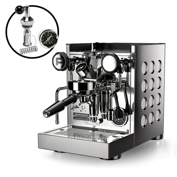 The Rocket Appartamento TCA Espresso Machine with Flow Control (RE502A3W12) in white features a sleek stainless steel design, dual spouts, pressure gauge, and temperature control. An inset circle image shows a replacement part with ball joint, spring, and gauge for precise flow control.