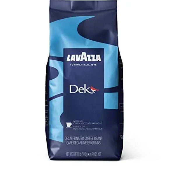 A 500-gram package of Lavazza DEK Coffee Beans Decaffeinated, showcasing a blue design adorned with the brand logo and product details. This medium roast is crafted from Brazilian Arabica beans for a smooth, rich flavor experience.