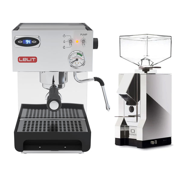 An espresso machine and a coffee grinder are shown side by side. The Lelit Anna 2 PL41TEM espresso machine with PID, beloved by baristas, features a digital display, several buttons, a steam wand, and a portafilter. Next to it stands the Eureka Mignon Silenzio 55mm (Chrome) coffee grinder with its clear plastic hopper and sleek, modern design.