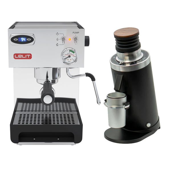 A sleek silver Lelit Anna 2 PL41TEM espresso machine, equipped with a digital PID display reading 94, includes a pressure gauge and a steam wand. Accompanying it is the black DF64 Gen 2 grinder, featuring wood-accented top and stainless steel details. Both are elegantly displayed against a white background.