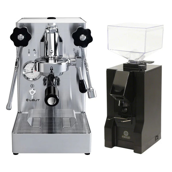 A sleek, stainless steel, Italian-made Lelit Mara X Heat-Exchange E61 Espresso Machine with PID PL62X, featuring front-facing knobs and a built-in pressure gauge, sits next to a compact black Eureka Mignon Facile Grinder. The espresso machine proudly displays the Lelit logo and an E61 Group Head, while the grinder features the Facile logo.