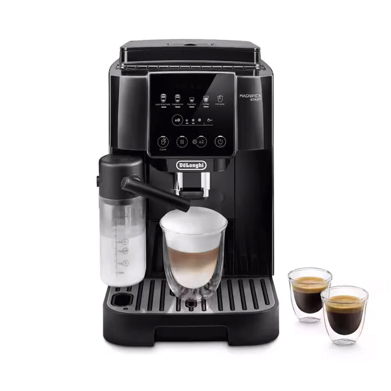 The black DeLonghi Magnifica Start Super Automatic Espresso Machine with LatteCrema System ECAM22080B is crafting a cappuccino using its built-in milk frother. Two clear glasses filled with espresso rest beside it, and the front control panel for customizable drinks is visible.