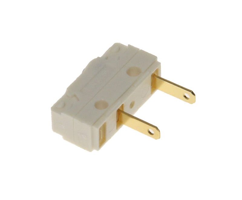 The Delonghi Parts: Microswitch (250V 85-) 5132110500 is a small, white, rectangular electrical component featuring horizontally positioned gold-colored prongs on one side. The metallic prongs are flat and parallel, and the surface of the microswitch includes several markings and indentations.