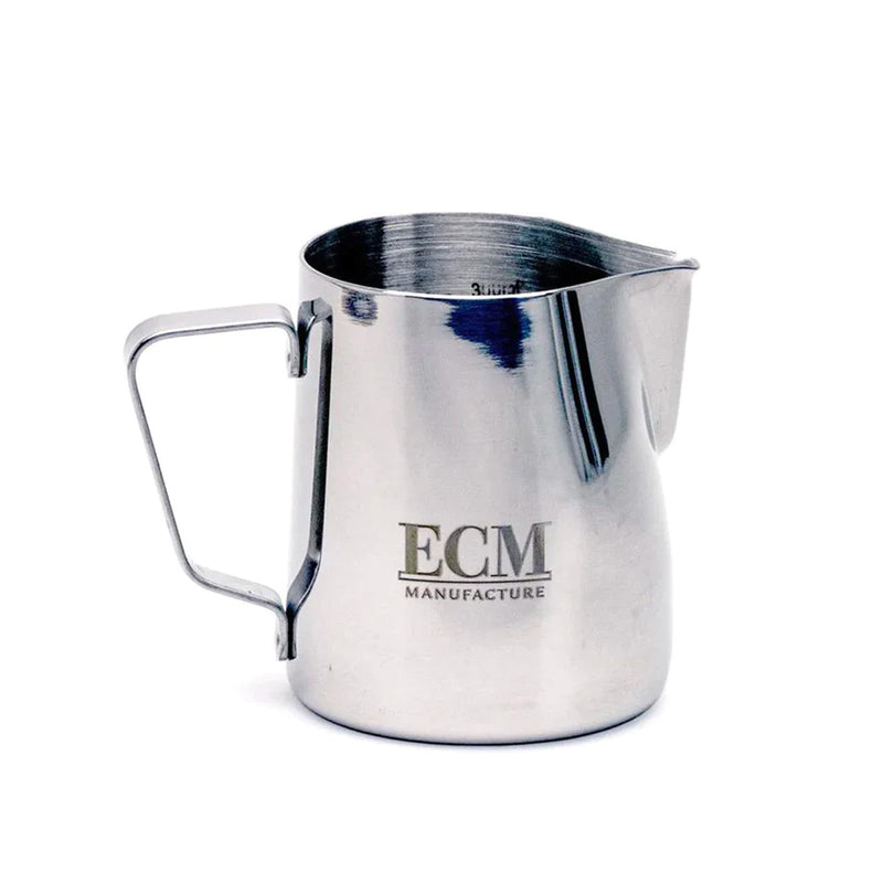 The ECM Milk Frothing Pitcher 360ml by ECM is crafted from stainless steel, featuring a convenient handle and spout. "ECM MANUFACTURE" is elegantly printed on the front, making it an ideal tool for perfecting your latte art. Set against a plain white background.