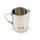 The ECM Milk Frothing Pitcher 600ml, made of stainless steel, features a spout and handle ideal for creating latte art. The side of the pitcher displays the "ECM Manufacture" logo, and measurements inside are marked up to 600ml (20 oz). The pitcher is set against a white background.