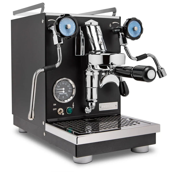 The Profitec Pro 400 Heat Exchanger Espresso Machine in black features an E61 group head, PID temperature control, dual steam wands with blue handles, chrome portafilter, analog pressure gauges, and a stainless steel drip tray for a sleek modern design.