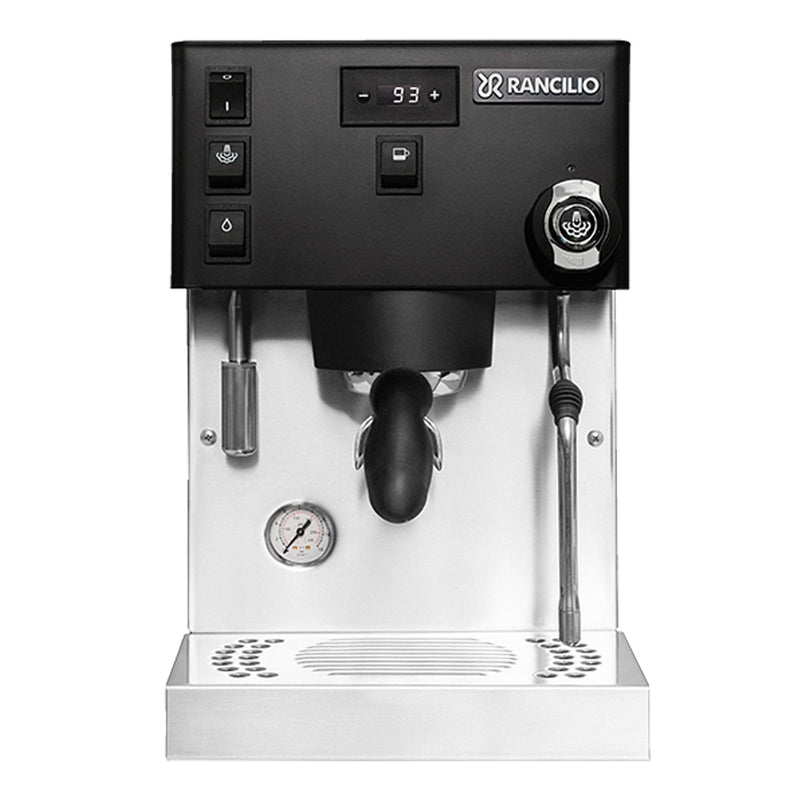 The Rancilio Silvia Pro X Dual Boiler Espresso Machine with PID (Black) exhibits a stylish black and stainless steel design, featuring dual boilers for peak performance. It is equipped with a steaming wand on the right, four control buttons, a central portafilter, a digital display showing "93," and a pressure gauge at the bottom left. The perforated drip tray adds to its convenience.