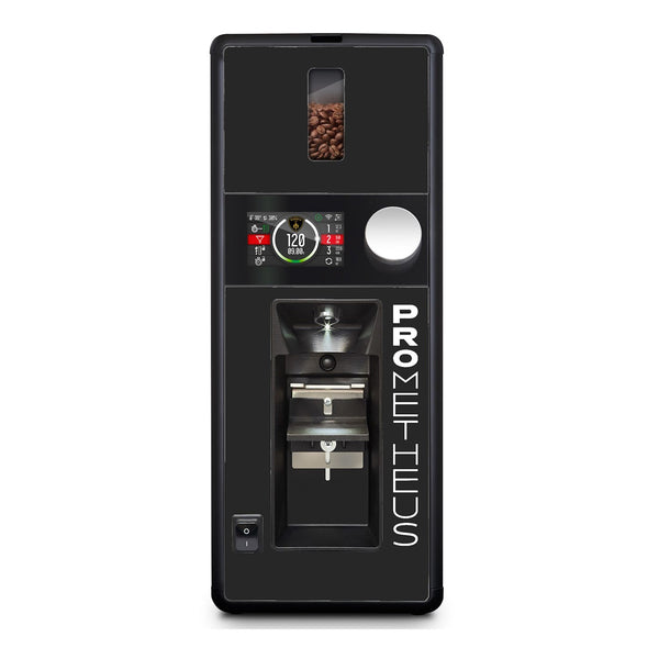 The Eureka Oro Prometheus (Black) vending machine by Eureka boasts a sleek rectangular design with a transparent compartment at the top displaying coffee beans. It features centrally aligned digital displays and buttons, with "PROMETHEUS" written vertically in bold white letters on the right side, complemented by an integrated grinder for perfect brews.