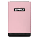 Image of a pink Rancilio Silvia Pro X Dual Boiler Espresso Machine with PID, showcasing professional performance. The rectangular model features a black base with the Rancilio logo, consisting of white text and an abstract symbol, prominently displayed on the front.