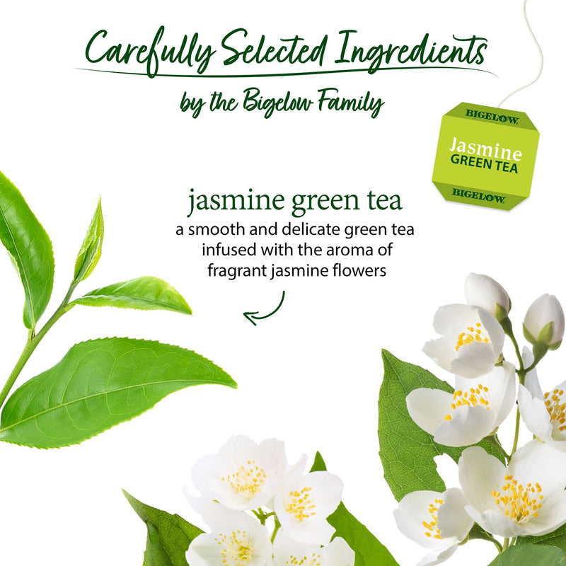 Advertisement for Bigelow Jasmine Green Tea Bags, featuring an image of tea leaves and jasmine flowers. The text reads "Carefully Selected Ingredients by the Bigelow Family" and describes the product as "a smooth and delicate green tea infused with the floral aroma of fragrant jasmine flowers.