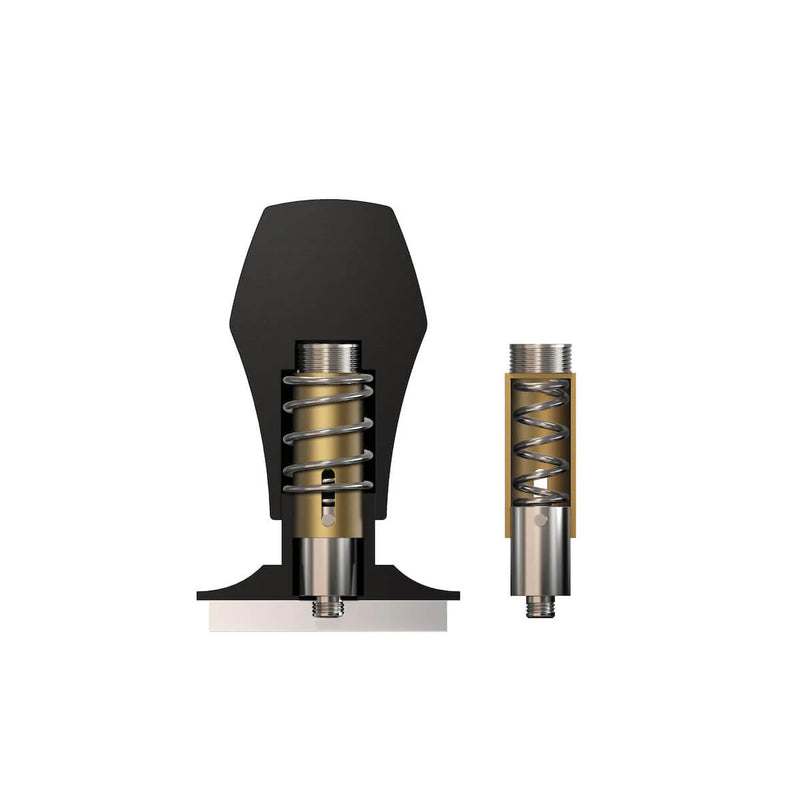 The cross-sectional and full views showcase two Normcore Spring Loaded Tamper V4 (58mm) components from Normcore. These cylindrical tampers feature a levelling plate design, metal coils, enclosed casings, and threaded ends for connection. The left tamper is partially dissected to display the interior spring.