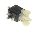 A close-up view of a small black and white solenoid valve with metal prongs and plastic components, commonly used in Delonghi ECAM machines. The valve has the brand name "DeLonghi" printed on it along with technical specifications and ratings and is listed as part number 5213218451 (3VB 120).