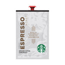 A package of Flavia Starbucks Espresso Roast Coffee Freshpacks (Case of 72) showcasing the brand's logo and a brief description of the coffee as "Rich & Caramelly" in both English and French. Ideal for workplace coffee, the package features a red seal at the top.