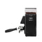 The Rancilio Stile Espresso Coffee Grinder (Black) boasts a sleek design with a transparent hopper filled with coffee beans on top. Featuring a micrometric adjustment collar for precision, the grinder is equipped with a portafilter handle that has a black grip, positioned horizontally and ready to catch freshly ground coffee.