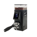 Image of a sleek, black Rancilio Stile Espresso Coffee Grinder with a digital display showing "12.0." The grinder features a transparent top container filled with coffee beans and includes a portafilter handle on the left side, ready to dispense ground coffee. Equipped with 58mm Flat Burrs for precision grinding.