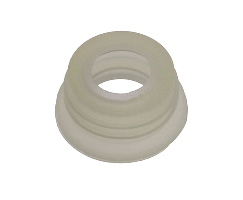 The DeLonghi Parts: Tank Gasket 5313235921 by DeLonghi is a white, cylindrical plastic or rubber washer with a wide base and a central hole. The gasket appears translucent and has a smooth texture, resembling those found in ECAM machines. It features a conical shape that tapers towards the opening at the top.