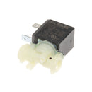 Close-up of a small, black rectangular DeLonghi Solenoid Valve (2VA 120V) 5213218341 with two beige plastic inlet/outlet ports. The device has metal connectors on top and various technical markings and specifications printed on the black casing.