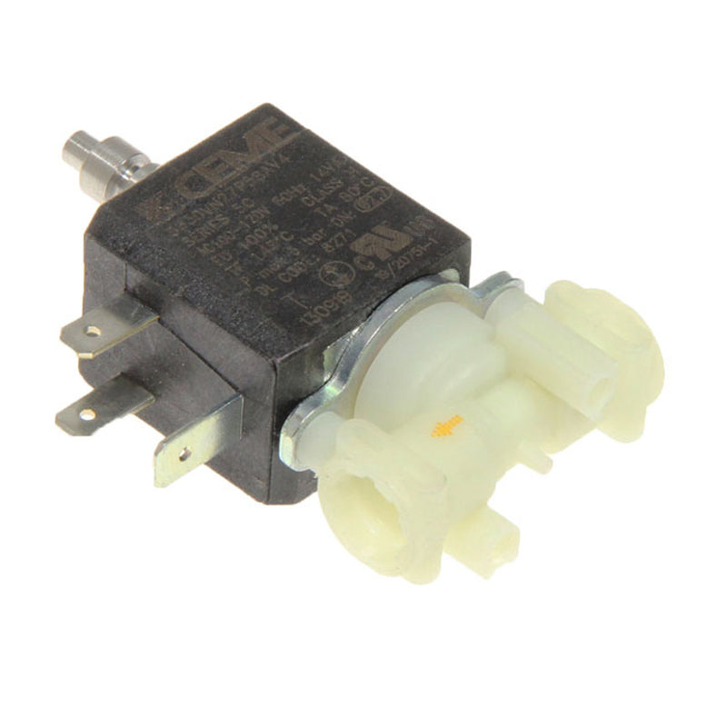 A close-up of a small, black DeLonghi Solenoid Valve (3VA 120V) 5213218271 with electrical connectors extending from one side and a plastic valve housing on the other. The top of the valve features printed manufacturer information and specifications, making it perfect for Eletta Explore or Primadonna models.