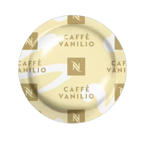 The Nespresso Cafe Vanilio Professional Capsules, featuring a light beige pod adorned with the text "CAFFÈ VANILIO" and the Nespresso logo, also showcases white abstract shapes. These design elements hint at the custard-like taste derived from finely selected South American Arabica beans that define this vanilla coffee. Available in a box of 50.