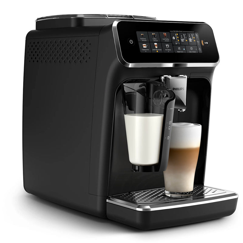 A glossy black Philips 3300 LatteGo Super Automatic Espresso, Cappuccino, & Latte Macchiato Machine with SilentBrew EP3341/50 and a digital control panel. A glass with layered coffee and milk is positioned under the dispenser, and a milk frother is attached. The machine, featuring the LatteGo system, exudes sleekness and modernity with its compact design.