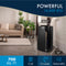 The DeLonghi Pinguino Arctic Whisper Portable Air Conditioner, Up To 700 sq. ft. EX390LVYN (Black) with Cool Surround™ Technology is showcased in a modern living room. The unit, standing at 31.5 inches high, 16.25 inches wide, and 14 inches deep, boasts a 14,000 BTU capacity to effectively cool, circulate, and dehumidify areas up to 700 square feet.