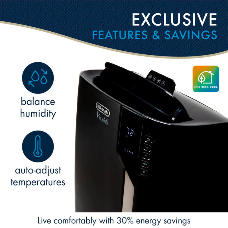 The advertisement showcases the DeLonghi Pinguino Arctic Whisper Portable Air Conditioner, Up To 700 sq. ft. EX390LVYN (Black). The text highlights its features such as balancing humidity, auto-adjusting temperatures, and Cool Surround Technology. The bottom text states, "Live comfortably with 30% energy savings. 8600 DOE/14000 BTU.