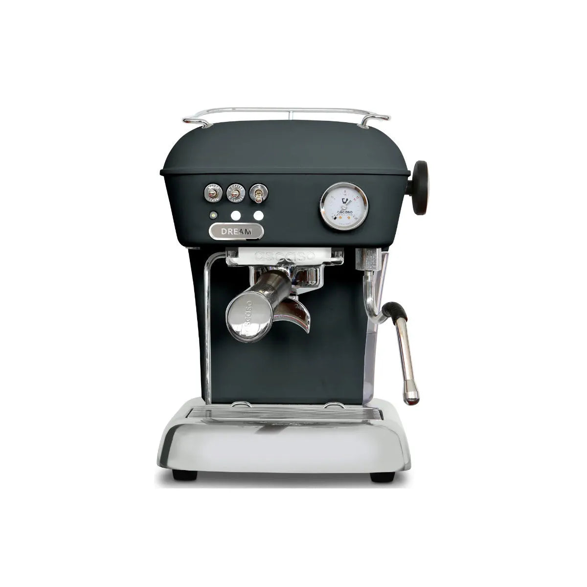 The Ascaso Dream PID Espresso Machine DR.552 (Anthracite) boasts a sleek black design with a metallic finish, featuring a stainless steel steaming wand, portafilter, and front-panel pressure gauge. The PID-controlled system optimizes flavor extraction.