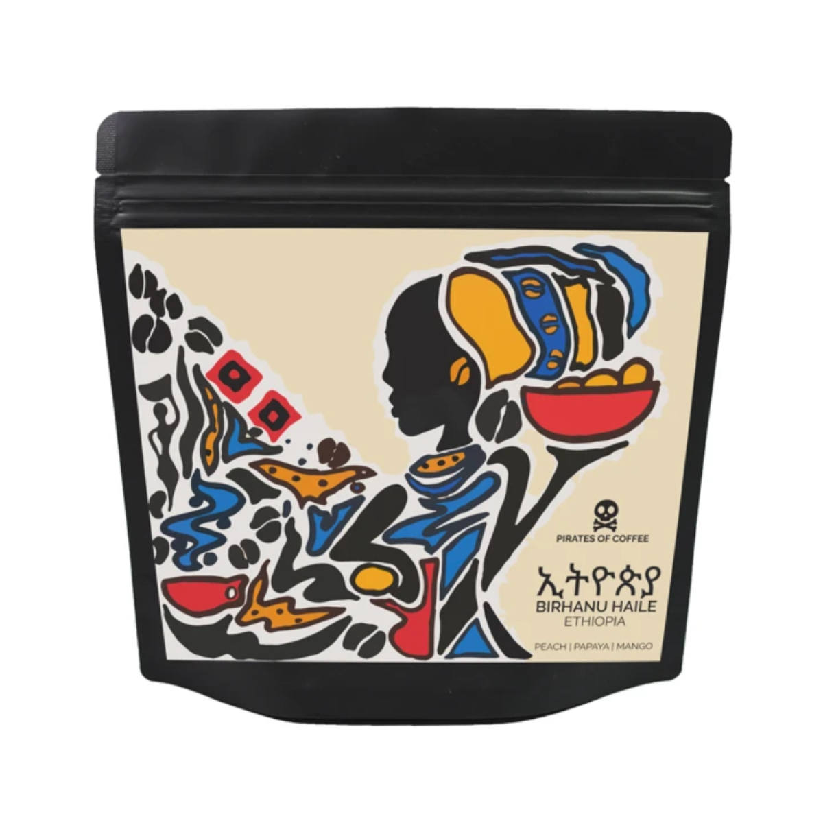 A light roast coffee bag from Pirates Of Coffee named "Pirates of Coffee Birhanu Haile Whole Bean Filter Coffee." The design showcases an artistic, colorful illustration of a person in traditional attire and headwear next to coffee cherries and leaves. The flavor notes include peach, papaya, and mango.