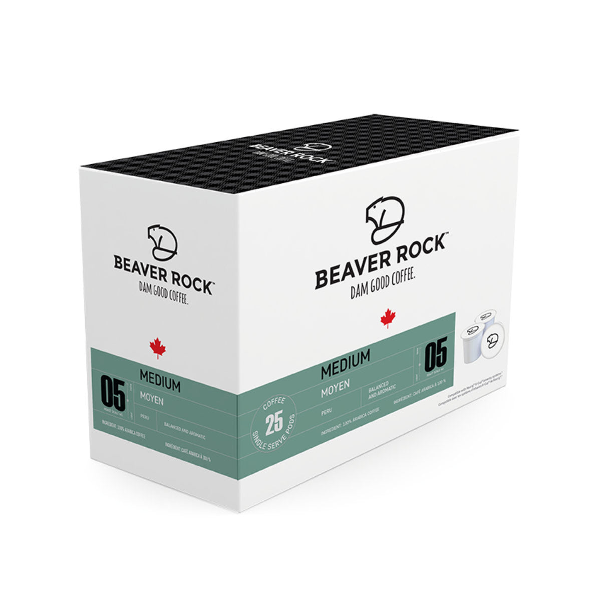 A box featuring "Beaver Rock" branding, decorated with a beaver logo and black and green accents. The package prominently displays the words "Medium" and "05", along with a Canadian maple leaf emblem. On the side, there are two illustrations of Keurig compatible, medium roasted coffee pods labeled "Medium 05". This is a box of 25 Beaver Rock Medium Roast Single-Serve Coffee Pods.