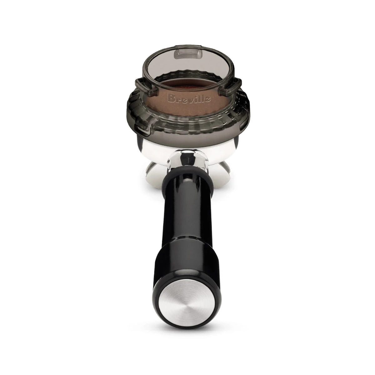 A close-up view of the Breville Espresso Dosing Funnel™ with a black handle and a transparent top, designed for use with an espresso machine. The word "Breville" is visible on the top part of the dosing funnel. The background is plain white.