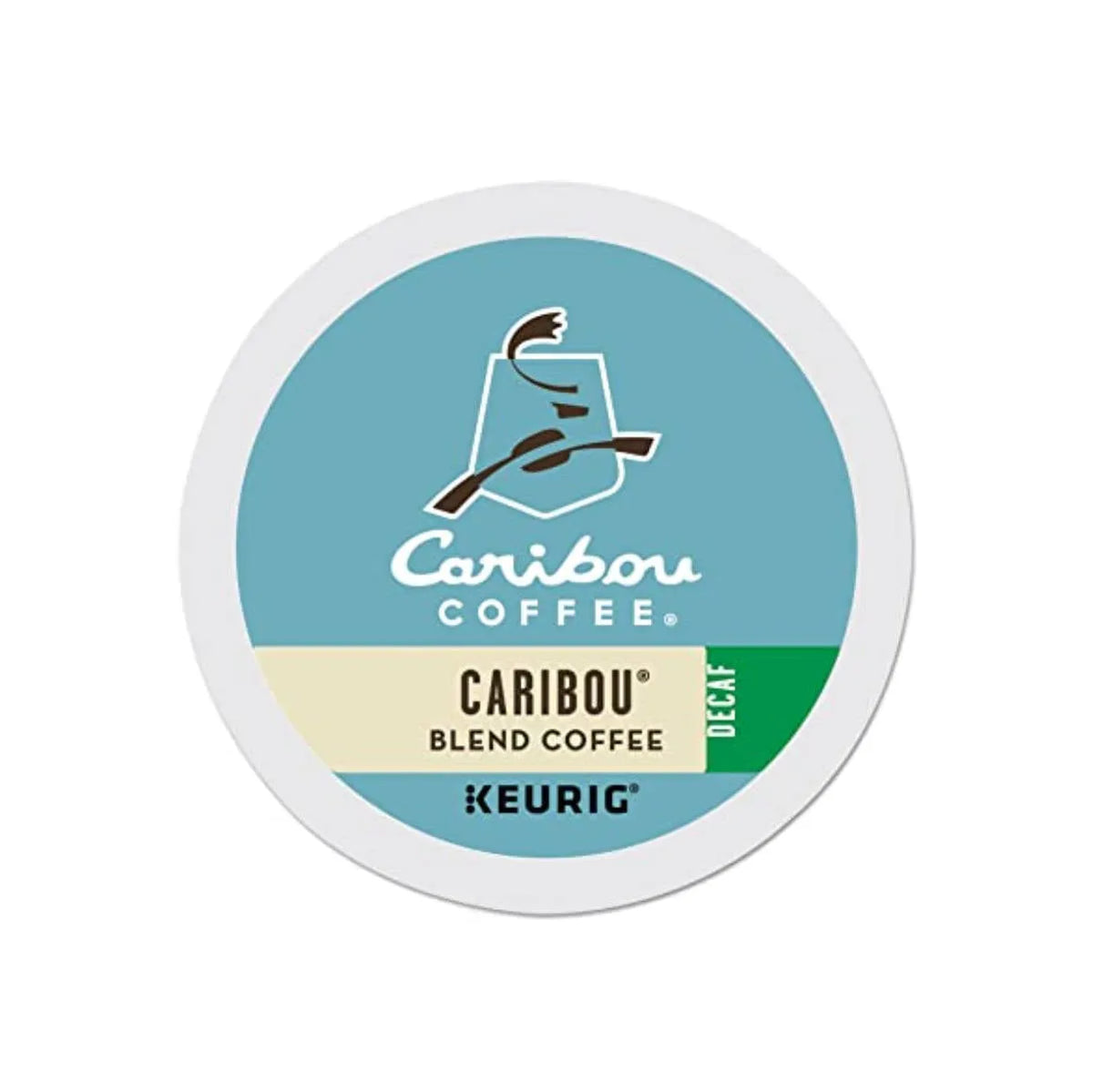 A single Caribou Decaf Blend K-Cup® Recyclable Coffee Pod from Caribou Coffee, a medium roast decaffeinated coffee. The lid is light blue with the Caribou Coffee logo featuring a stylized caribou and text indicating the blend and decaf status. A white circular rim surrounds the lid.