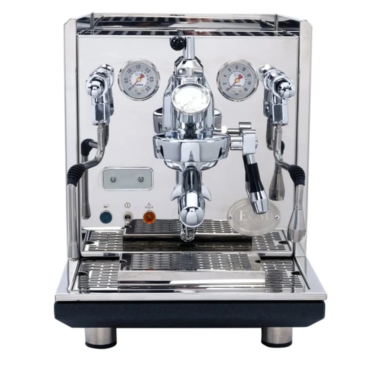 The ECM Synchronika Espresso Machine - Dual Boiler w/ PID Stainless Steel and Flow Control by ECM is a stainless steel espresso machine that includes an E61 Group Head, dual pressure gauges, multiple switches, portafilters, steam wands, and a hot water outlet. This dual boiler machine showcases a reflective, polished surface and features a bottom tray with a grate for cups or mugs.