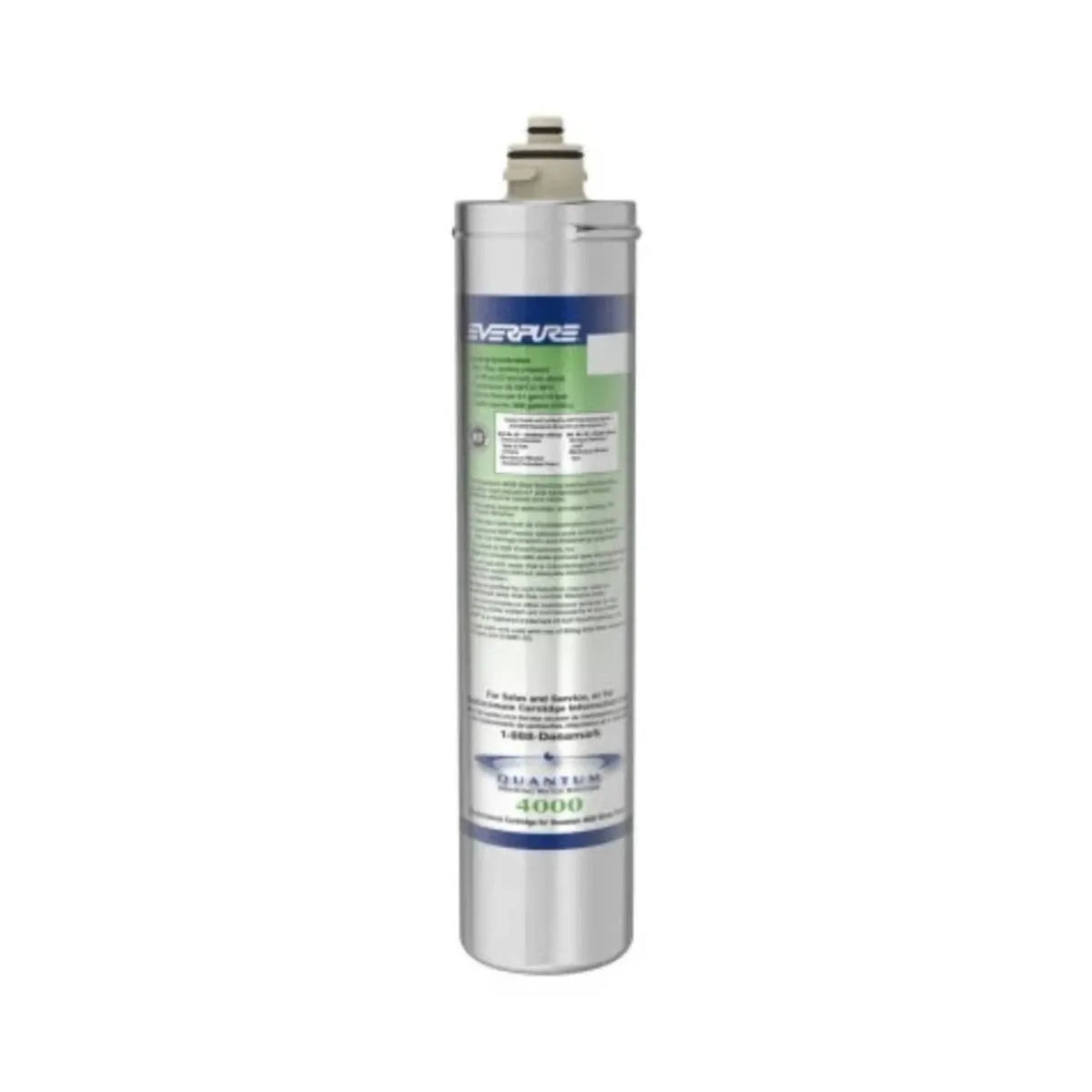 An Everpure Quantum 4000 Water Filtration Replacement Cartridge, designed for commercial coffee machines, is part of the Quantum Water Filtration System and features a silver cylindrical body with a green-and-white label displaying text and the Everpure logo. At the top of the NSF/ANSI Standard 42 & 53 compliant cartridge is a central nozzle for fitting.