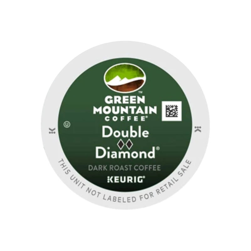 Experience bold and toasty flavor with every sip from a Green Mountain Double Black Diamond K-Cup® Recyclable Pod (Case of 96). The pod is circular with a white outer ring and a dark green center featuring the mountain logo of Green Mountain, along with text indicating it is not for retail sale. A small QR code also appears on the label.