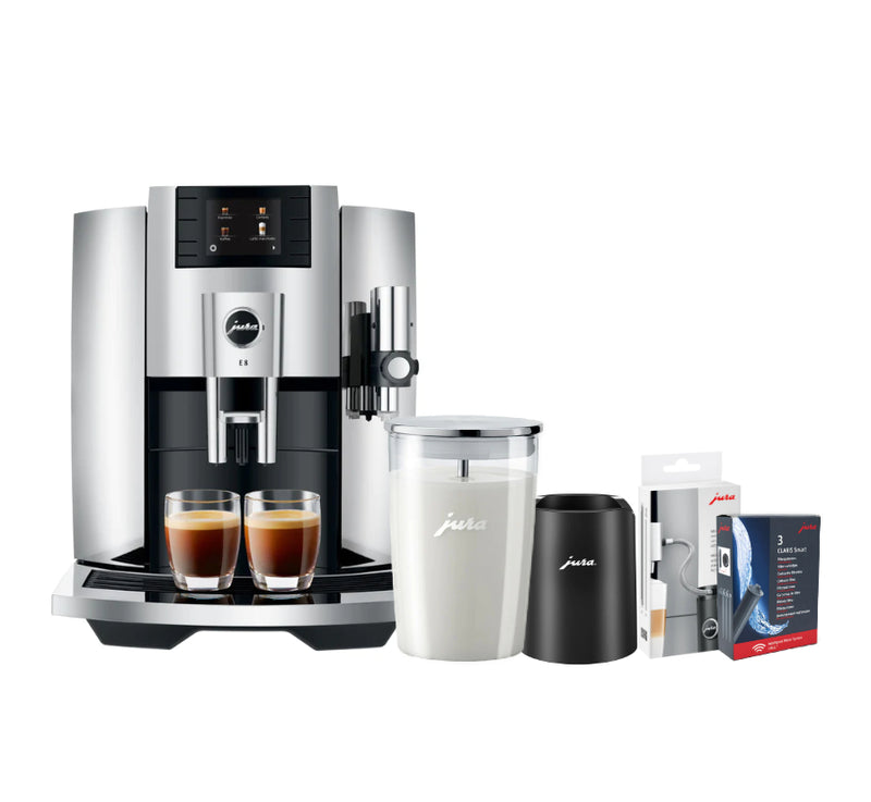 Jura E8 Chrome Automatic Coffee Machine Bundle (Jura Glass Milk Contai –  Home Coffee Solutions