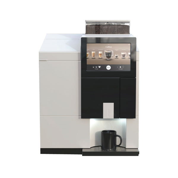 The Keurig VKI Eccellenza Touch Bean To Cup Commercial Brewing System Starter Kit Bundle features a modern design with a user-friendly touch screen interface that displays various coffee options. Below the screen, its spout dispenses coffee into a black mug on the drip tray. This model by Keurig showcases a sleek, compact design in light gray and black colors.