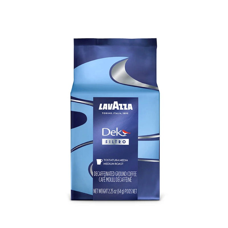 A Lavazza DEK Filtro Decaffeinato Fraction Pack, featuring a blend of Brazilian Arabica and natural Robusta, medium roast, weighing 2.25 ounces or 64 grams. The packaging showcases abstract blue and silver designs with the Lavazza logo and coffee details in white text.