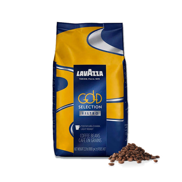 A 2.2-pound (1-kilogram) package of Lavazza Gold Selection Filtro Coffee Beans features a blue and yellow design with the Lavazza logo prominently displayed at the top. Surrounding the package are some medium-bodied blend coffee beans, highlighting its exquisite quality.