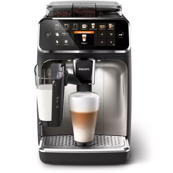 A Philips 5400 LatteGo Super Automatic Espresso, Cappuccino, & Latte Machine EP5447/94, featuring an intuitive touch display and various buttons on the front panel. It boasts LatteGo 2 technology for superior milk froth, with a freshly made latte macchiato in a glass cup positioned under the dispenser.