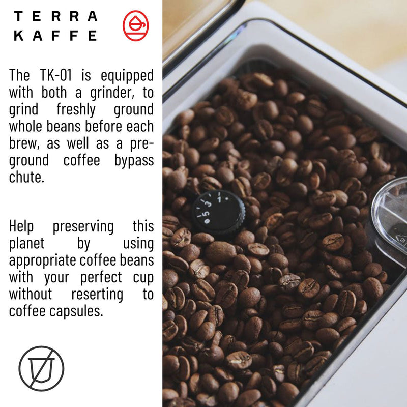 An image captures an open Terra Kaffe TK-01 Super Automatic Espresso, Cappuccino, & Latte Machine filled with fresh coffee beans. The text highlights features of the machine, including its stainless steel conical burr grinder and touch display, promoting it as an environmentally friendly alternative to coffee capsules. The Terra Kaffe logo is prominently displayed.