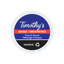 This is a Timothy's French Roast K-Cup® Recyclable Pod from a case of 96, designed for Keurig machines. The label features a blue background with red and white stripes and text that reads, "Timothy's Dark Roast | Torréfaction Fonçée French Roast Mélange français." Both the Keurig logo and a recycling symbol are visible on the packaging.