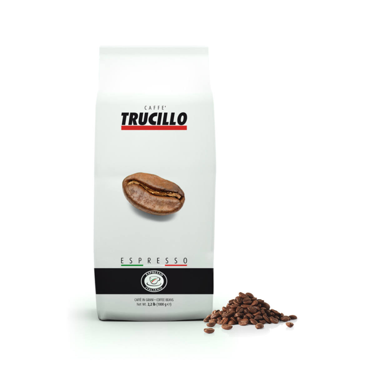 A white bag of Trucillo Gran Caffe Espresso coffee beans, featuring a large coffee bean image on the front. The medium roast bag stands upright and is labeled "Trucillo Gran Caffe Espresso." To the right of the bag is a small pile of scattered Trucillo Gran Caffe beans.