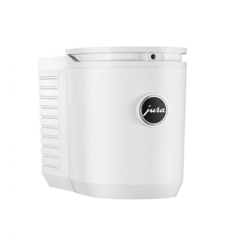 The JURA Cool Control Milk Refrigerator White 24283 (0.6 Lt / 20 oz) is a sleek, modern design by Jura. It features a round, black emblem with the silver "Jura" logo on its front. This compact rectangular device includes a horizontally ribbed section on the side and integrates advanced JURA Cool Control technology for optimal milk cooling using the Peltier cooling effect.