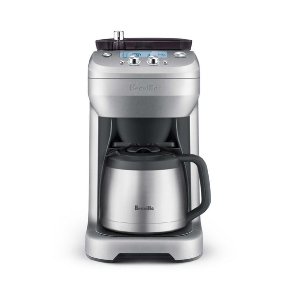 The Breville Grind Control™ Stainless Steel Thermal Coffee Maker BDC650BSS is a precision coffee maker featuring Steep and Release technology. It boasts a sleek, modern, and minimalist design with a digital display, several dials and buttons on the top. Positioned under the coffee dispenser is a stainless steel carafe with a black handle.