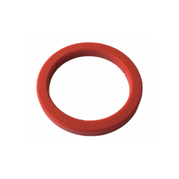 A CAFELAT Silicone Group Gasket - 8 mm E61 from the Gasket brand, featuring embossed text on its red circular rubber surface, is placed on a white background.